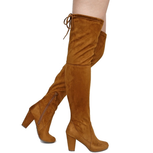 Shoes - Tan Faux Suede Over Knee Drawstring Heel Boot